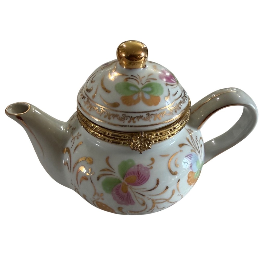 Formalities by Baum Bros Butterfly Porcelain Miniature Teapot Trinket Box Gold